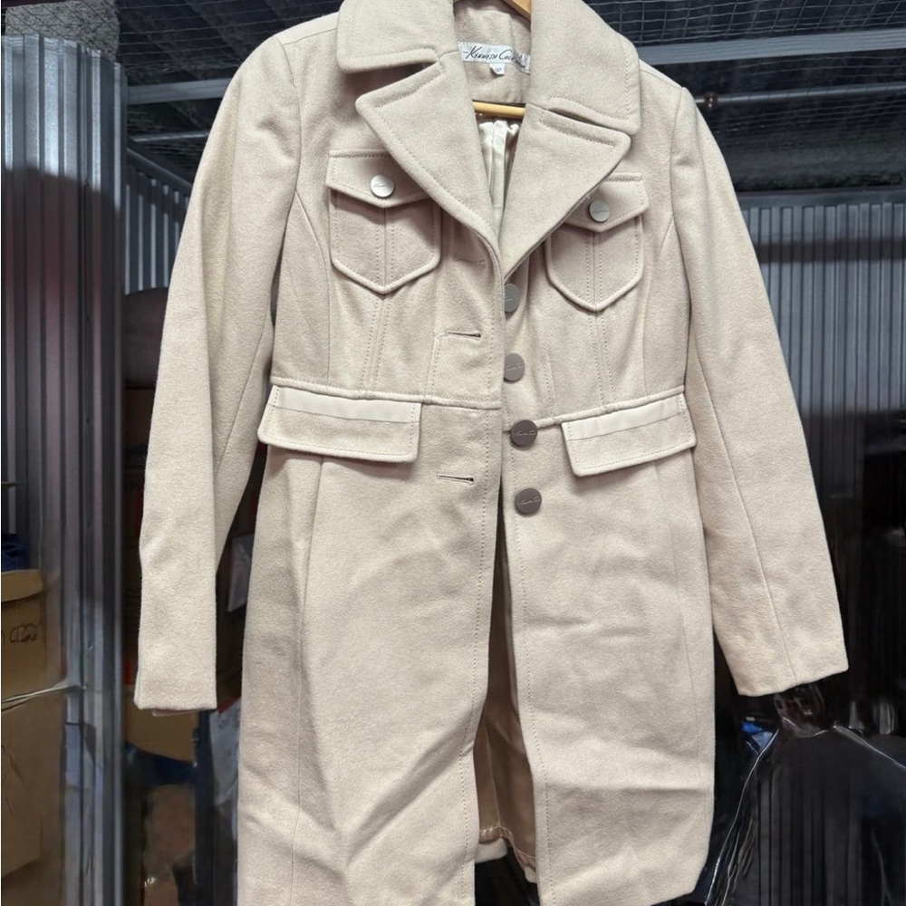 Kenneth Cole Cream Long Trench Coat with Button Front